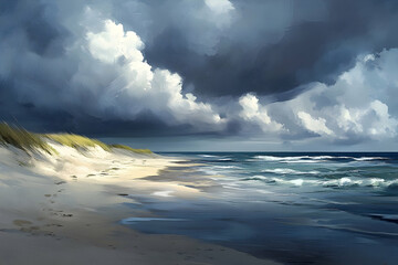 Stormy seascape over a sandy beach.