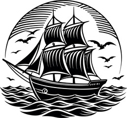 Vintage Sailboat Cruising Under Sunset with Ocean Waves