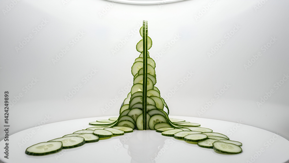 Poster creative abstract shape made from cucumber slices, designed to resemble a figure in space, cleanly s