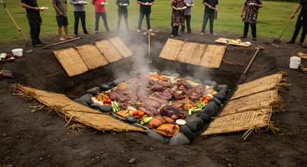 Traditional Maori Hangi Cooking Pit with Meats and Vegetables in New Zealand