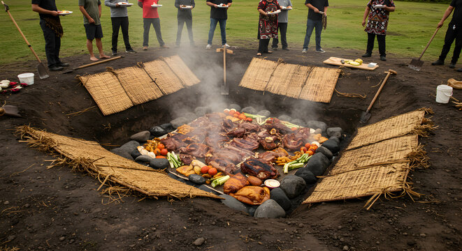Traditional Maori Hangi Cooking Pit with Meats and Vegetables in New Zealand