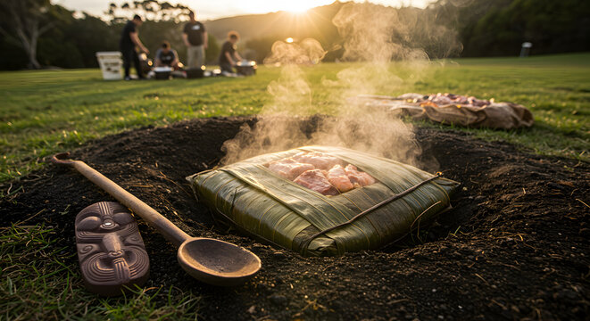 Traditional Maori Hangi Cooking Method in New Zealand with Indigenous Symbol
