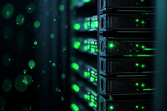 High performance server technology with glowing green lights, showcasing efficient data processing and storage capabilities