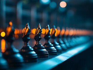 row of elegant chess pieces showcases intricate design and craftsmanship, illuminated by soft ambient lighting, creating