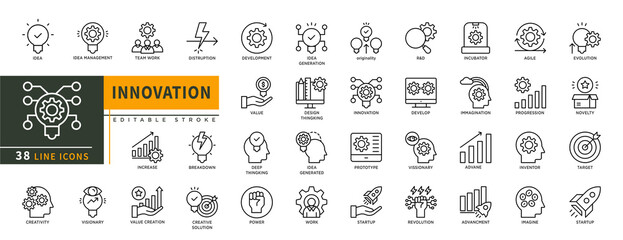 Minimalist Innovation line icon set with editable stroke, featuring  idea, team work, distruption, value, increase, creative solution, power, R&D, develop, prototype, work. thin linear illustration.