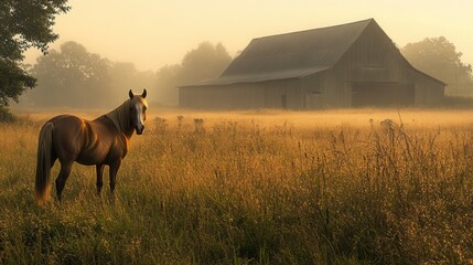 Obraz premium Golden Hour Horse in Misty Field Rustic Barn Background