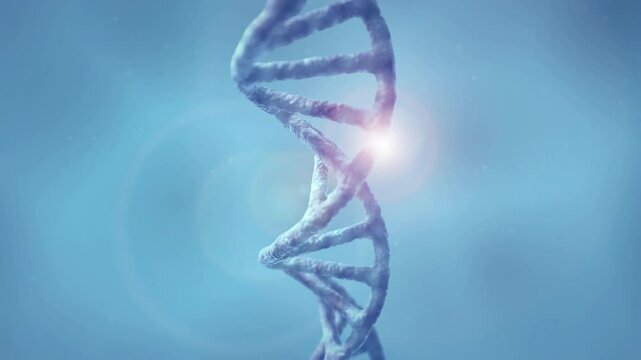 Double helix structure of DNA strand 3D animation on clear blue background.