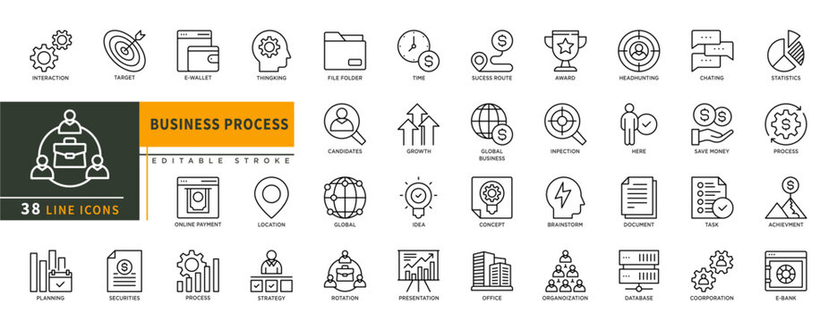 Minimalist Business Process line icon set with editable stroke, featuring intearction, target, e-wallet, thingking, time, online pasyment, idea, strategy, progress, rotation. thin linear illustration.