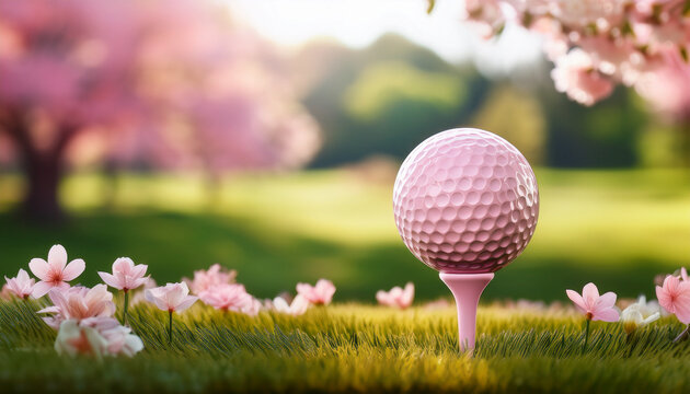 A close-up of a pink golf ball on a tee amidst blooming cherry blossoms in a serene park, space for copy