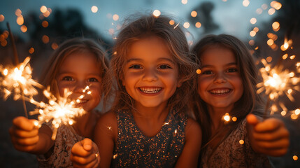 Three Happy Children Celebrating Canada Independence Day with Sparklers