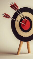 Archery with three arrows hitting the bullseye and in the red zone, shot over black and white concentric circles mounted on wooden legs for sports and competition
