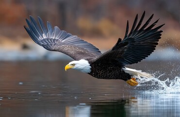 Obraz premium A bald eagle with its wings spread wide, about to catch a fish in the water