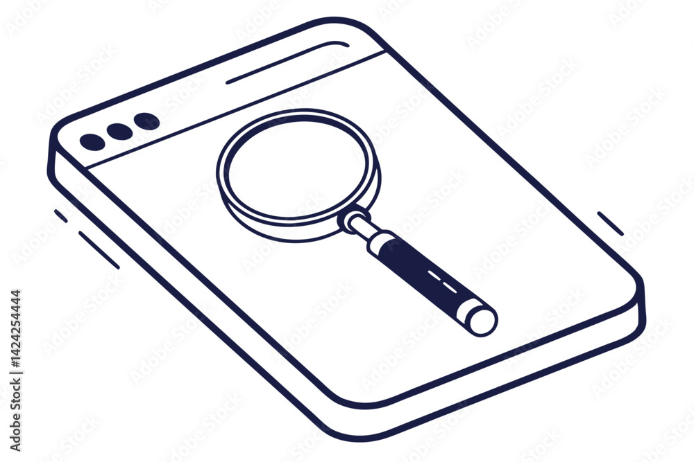Poster mobile device with magnifying glass icon for search and analysis concept