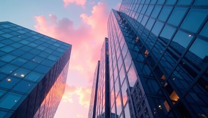 Abstract skyscraper exterior in evening light with angular lines, architecture, glass facade, modern