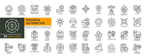 Minimalist Business Automation line icon set with editable stroke, featuring intelegent process, finance automation, user interface, business model, digital optimization, algorithm, BPM. illustration.