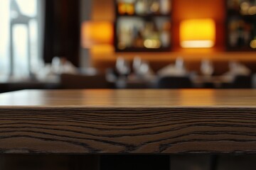 Restaurant wooden table top, blurred background