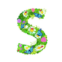 floral font alphabet with clover leaves and flowers, butterflies. ladybugs. trefoils capital letter S