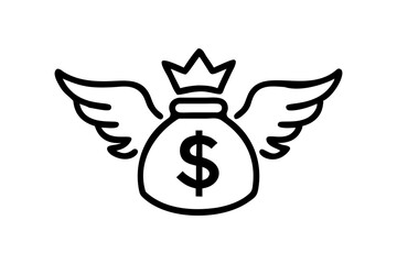Outline illustration of a money bag with wings icon, dollar sign, and royal crown logo