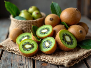 Photo of Fresh Kiwi Fruit with Fuzzy Brown Skin and Vibrant Green Slice – Perfect for Healthy Food Advertising, Packaging, and Editorial Visuals