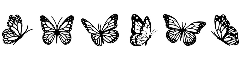 Set of Silhouette butterflies isolated vector line art.