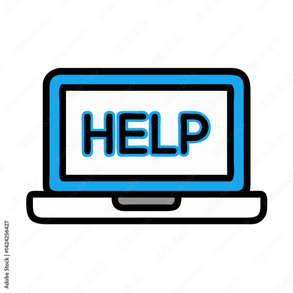 Poster laptop with help label icon representing digital support