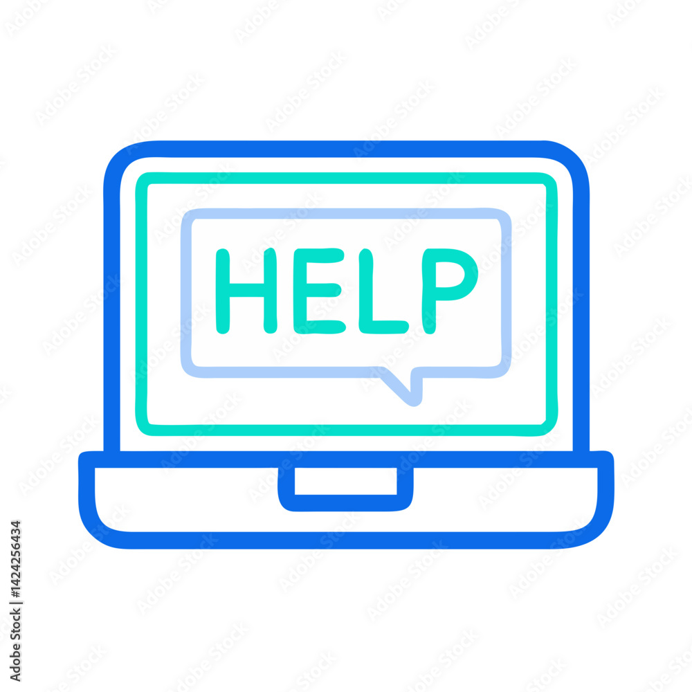 Poster laptop with help label icon representing digital support