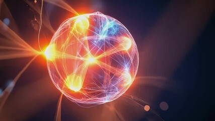 Atomic Symphony: A vivid and captivating image showcasing a complex atomic structure. Interwoven strands of energy pulsate within a spherical form.