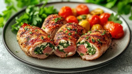 Meat rolls filled, tomatoes, and greenery served on a plate