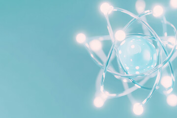 Glowing atomic model on a blue background representing quantum physics and energy concepts