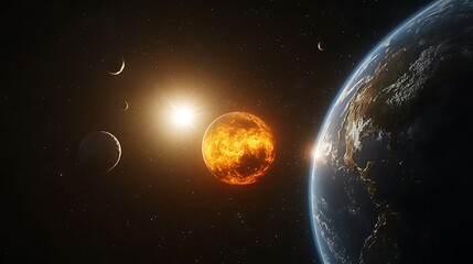 Naklejka premium Cosmic Alignment with Earth and Fiery Planet, A stunning cosmic scene featuring Earth, a fiery planet, and a moon with a glowing sunrise