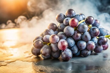 Grapes surrounded by slow-falling mist soft lighting and dark gradient background highlighting glossy skin