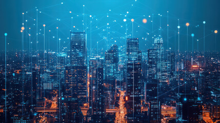 Fototapeta premium A futuristic cityscape, dominated by sleek, glass-fronted buildings that hum with the energy of digital innovation, where FoodTech pioneers revolutionize the food industry with cutting-edge 