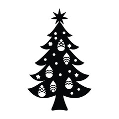 Festive Christmas Tree Silhouette Decorated with Eggs and Stars on White