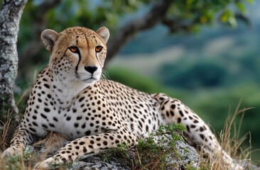 Fototapeta premium A cheetah sitting on top of a hill in the Serengeti, looking out over its home range