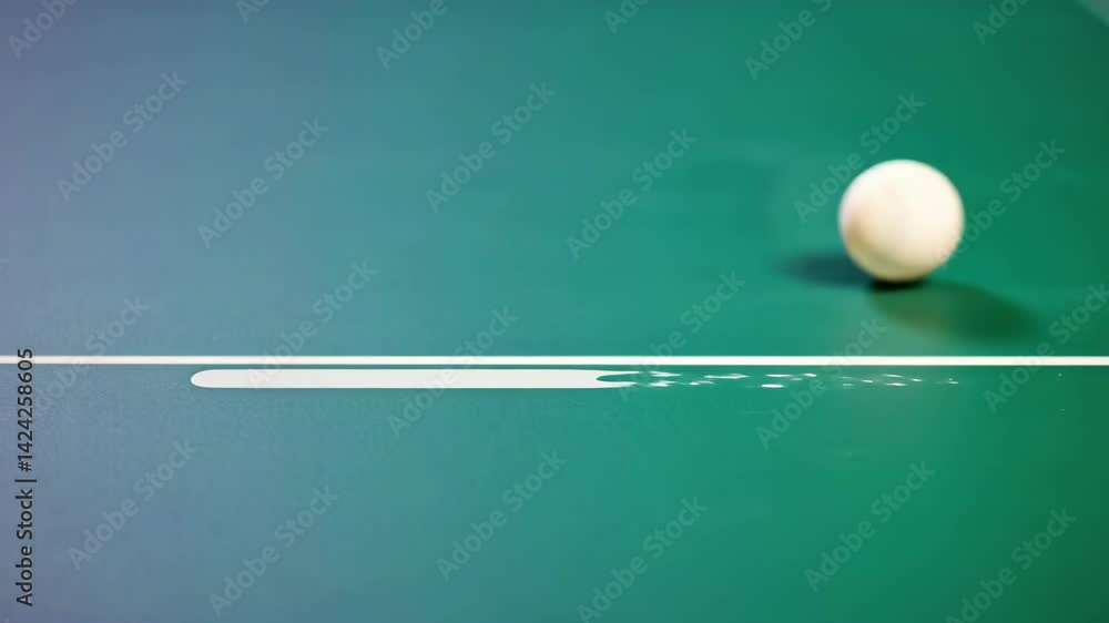 Poster close-up view of a table featuring a bouncing ball in motion above the green surface, capturing the 