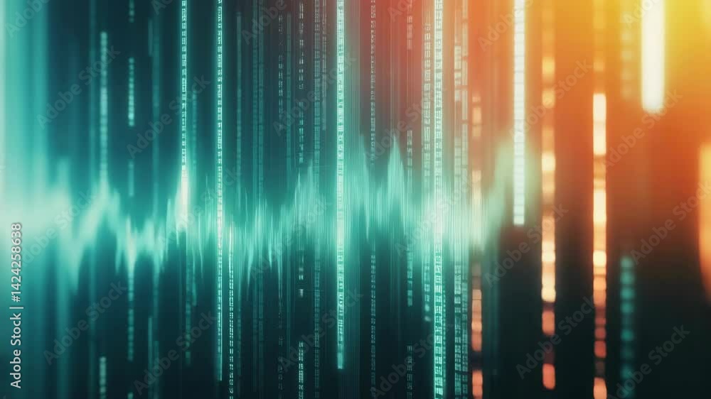Poster turquoise digital wave flowing against an orange and black matrix code background