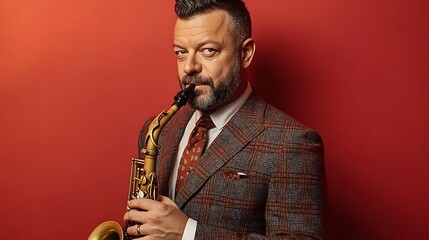 Fototapeta premium Man plays saxophone against red background