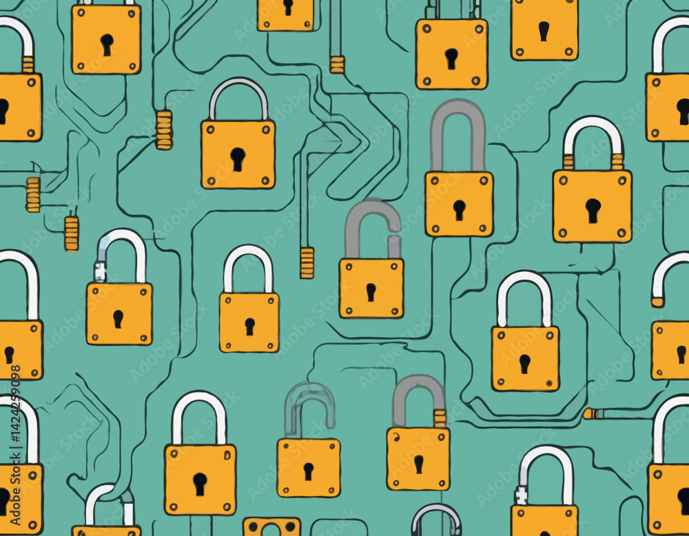 Poster visual representations of data security with padlocks and circuit patterns showcasing cybersecurity 