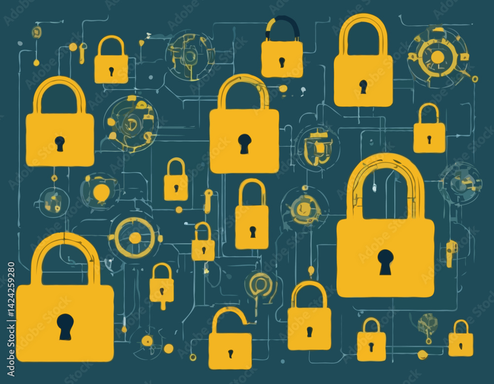 Poster visual representations of data security with padlocks and circuit patterns showcasing cybersecurity 