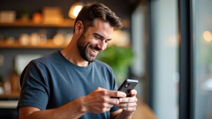 young caucasian man smiling while using a smartphone in a cozy cafe setting. daylight streaming in through large windows. technology and communication. lifestyle, social media.