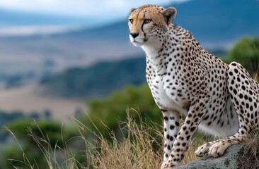 A cheetah lounging on the top of an African hill