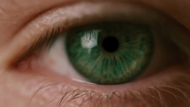 Close-up of a human eye showcasing a vibrant green iris with intricate patterns, reflecting soft light, and shallow depth of field