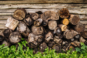 Pile of firewood logs stacked against a wooden wall, providing warmth and fuel