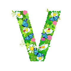 floral font alphabet with clover leaves and flowers, butterflies. ladybugs. trefoils capital letter V