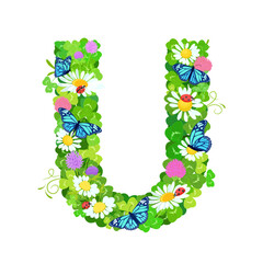 floral font alphabet with clover leaves and flowers, butterflies. ladybugs. trefoils capital letter u