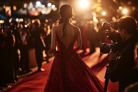 Famous actress wearing an elegant red dress is walking on the red carpet during a movie premiere, while a press photographer is taking pictures of her