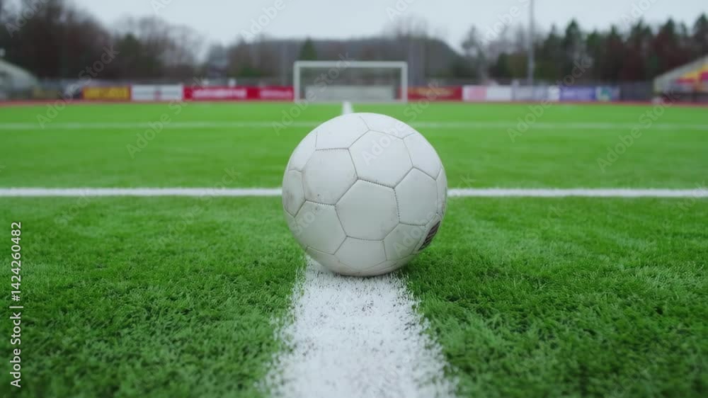Poster close-up view of a white soccer ball positioned on a green artificial turf field with goalposts in t