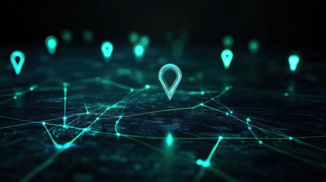 Futuristic Navigation Network with Glowing Location Pinpoints and Interconnections
