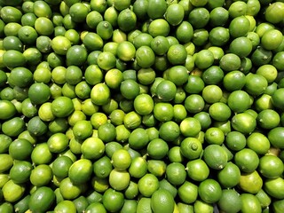 A vibrant pile of fresh green limes under supermarket lighting, showcasing their glossy texture, freshness, and natural variation in color and size.