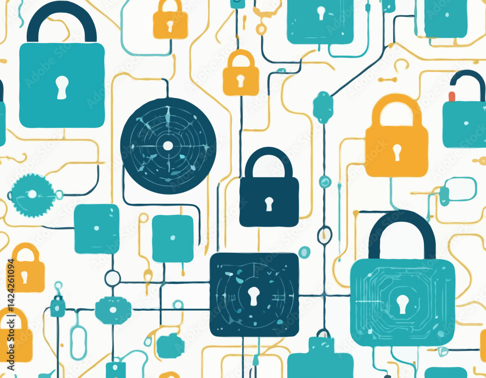 Poster visual representations of data security with padlocks and circuit patterns showcasing cybersecurity 